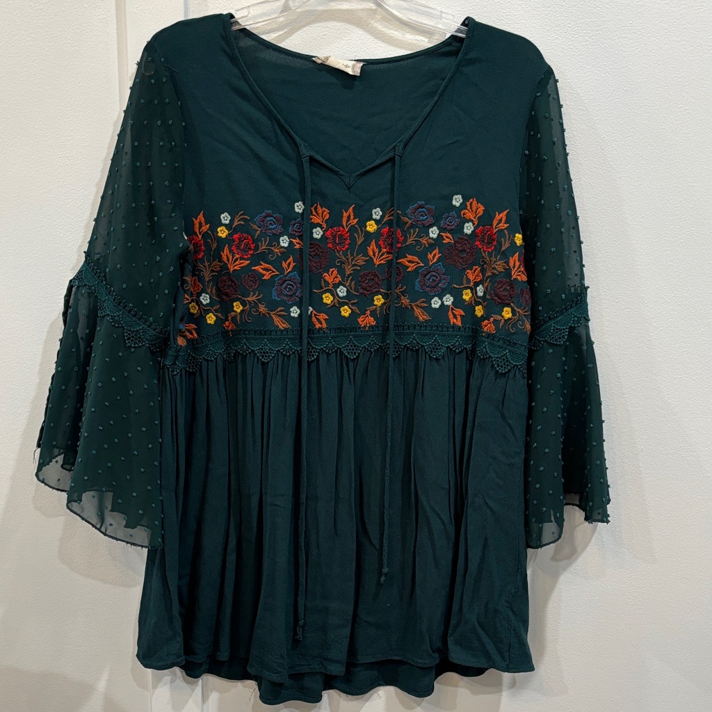 Altar'd State Teal Embroidered Boho Blouse With Multicolor Floral Accents